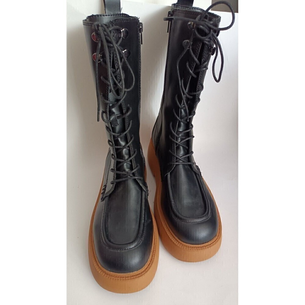 Mango Charles Boots MNG Size 9.5 US EUR 41 Lace-up Leather Black Tall Chunky - Picture 2 of 10